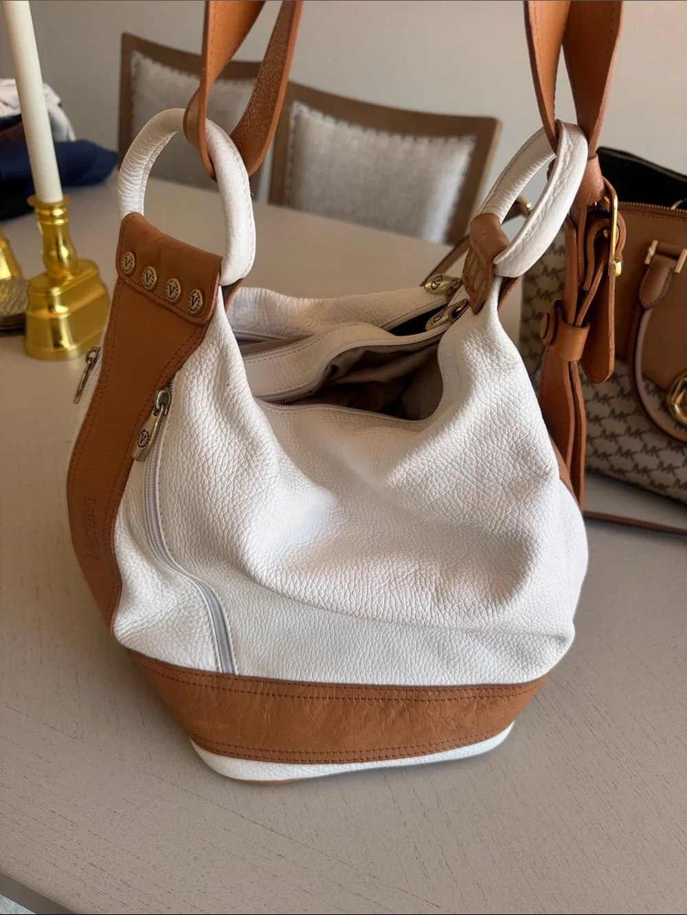 Women’s White and Tan Leather Hobo Bag - Designer Style